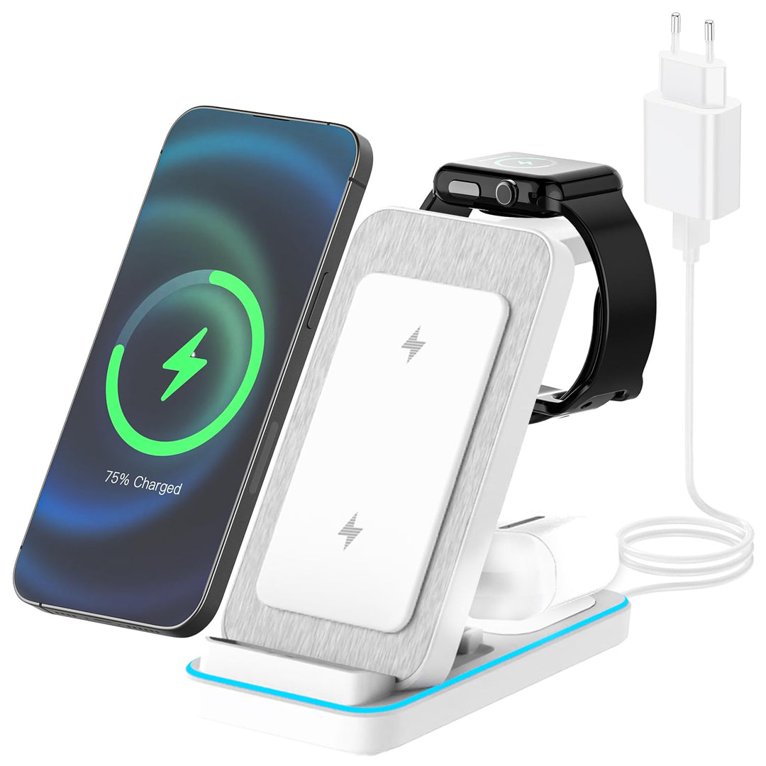 JOEAIS 3-in-1 Induktive Ladestation, Wireless Charger für Apple-Geräte mit Adapter, 15W Max Fast Mul