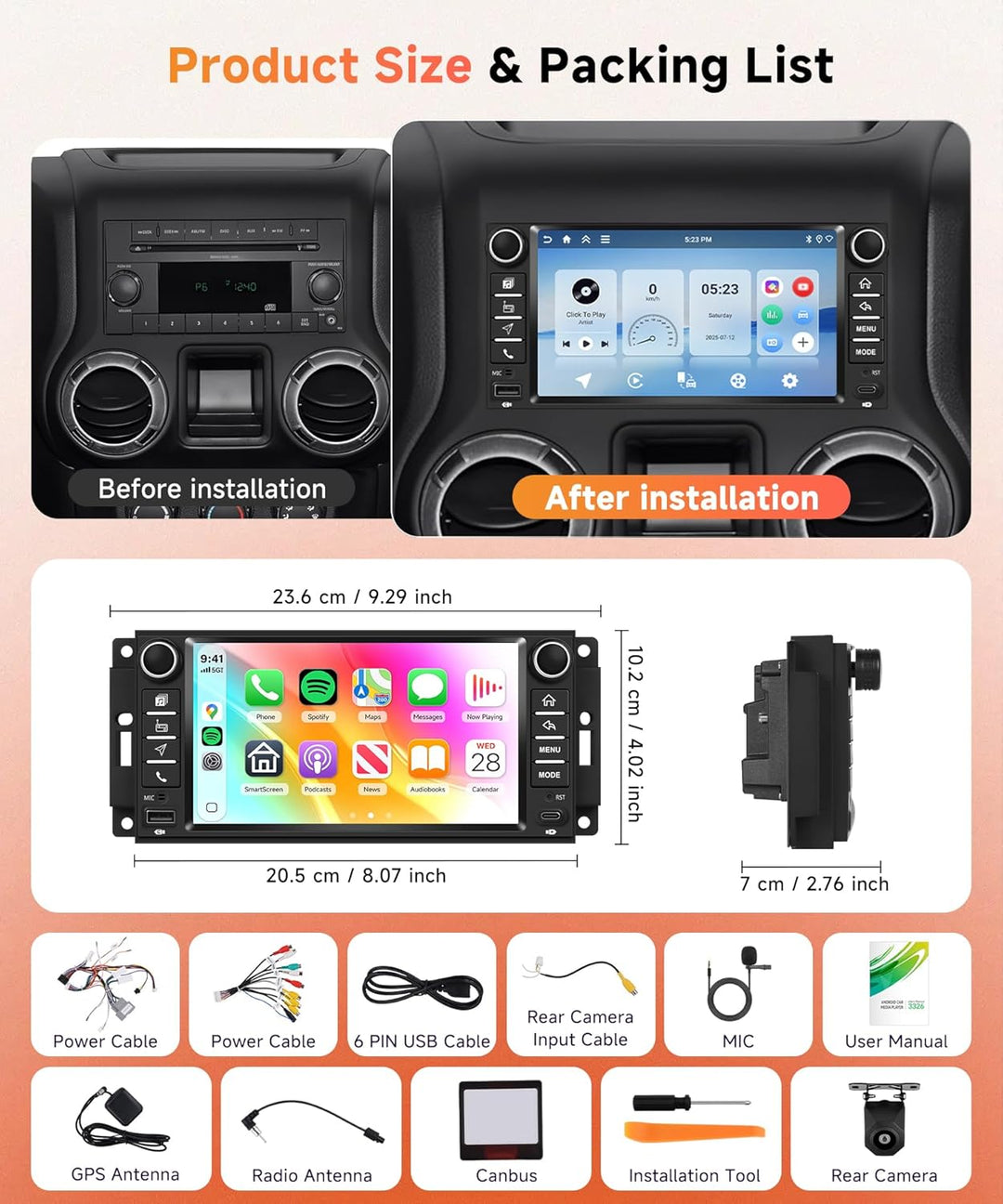 Rimoody 4G+64G Android Autoradio für Jeep Wrangler 2007-2018 Compass Grand Cherokee Commander Wirele