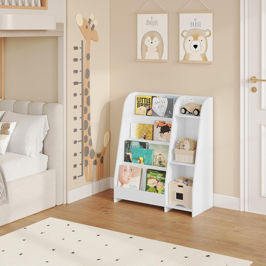 Lestarain Bücherregal Kinder, Montessori Kinderregal, Spielzeugregal, mit 4 Regalebenen und 3 Fächer