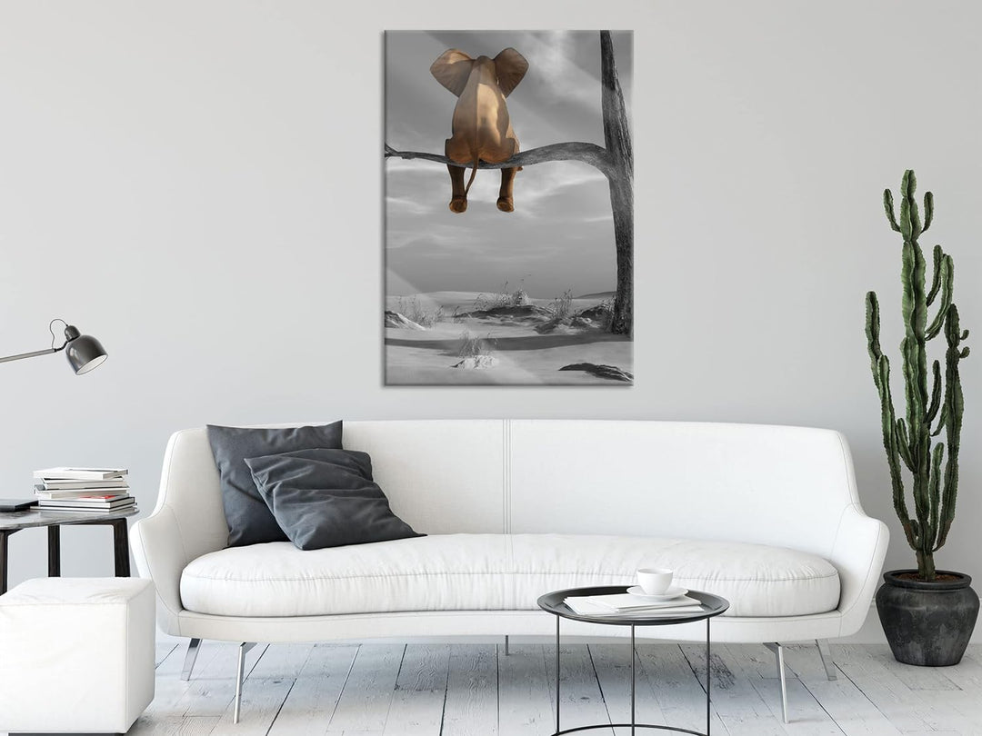 Pixxprint Glasbild | Wandbild aus Echtglas | Elefant auf einem Ast in der Wüste | 60x80 cm | inkl. A