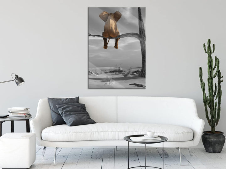 Pixxprint Glasbild | Wandbild aus Echtglas | Elefant auf einem Ast in der Wüste | 60x80 cm | inkl. A