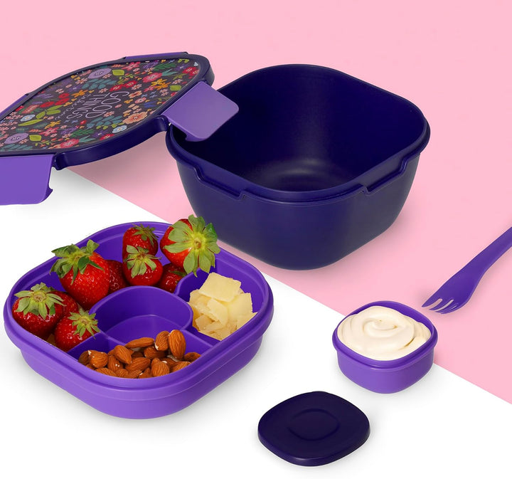 LEGAMI – Lunchbox, Flowers, 1 Gabel, 1 Tablett mit Fächern, 1 herausnehmbarer Gewürzbehälter inklusi