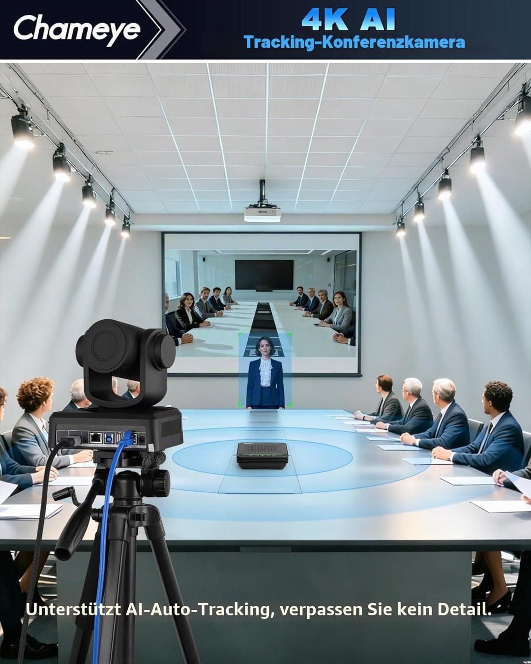 Chameye 4K 10x AI PTZ Konferenzkamera Set mit Bluetooth Konferenzmikrofon, 4K PTZ Kamera mit KI-Auto