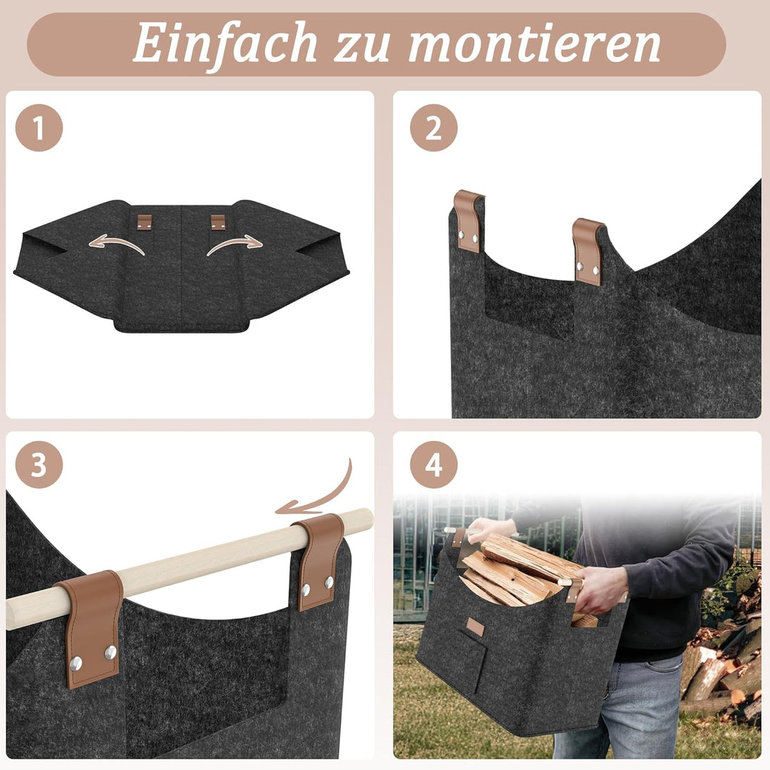 FIVMEN 2X Filztasche für Kaminholz Brennholz Faltbar mit Extra Dicker Filz und Verstärkter Holzgriff
