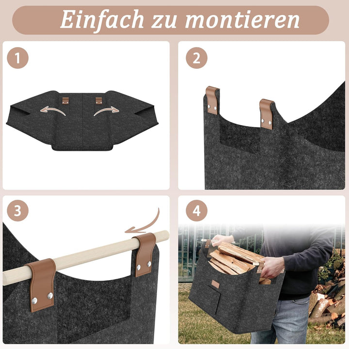 FIVMEN 2X Filztasche für Kaminholz Brennholz Faltbar mit Extra Dicker Filz und Verstärkter Holzgriff