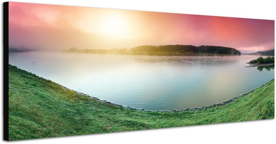 Paul Sinus Art Panoramabild auf Leinwand und Keilrahmen 150x50cm Sonnenaufgang Fluss Wiese Landschaf