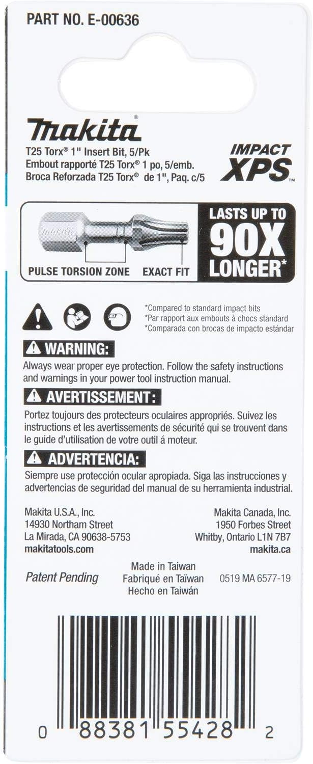 Makita E-00636 Impact XPS T25 Torx 1" Insert Bit, 5/pk 5/pk T25, 5/pk T25