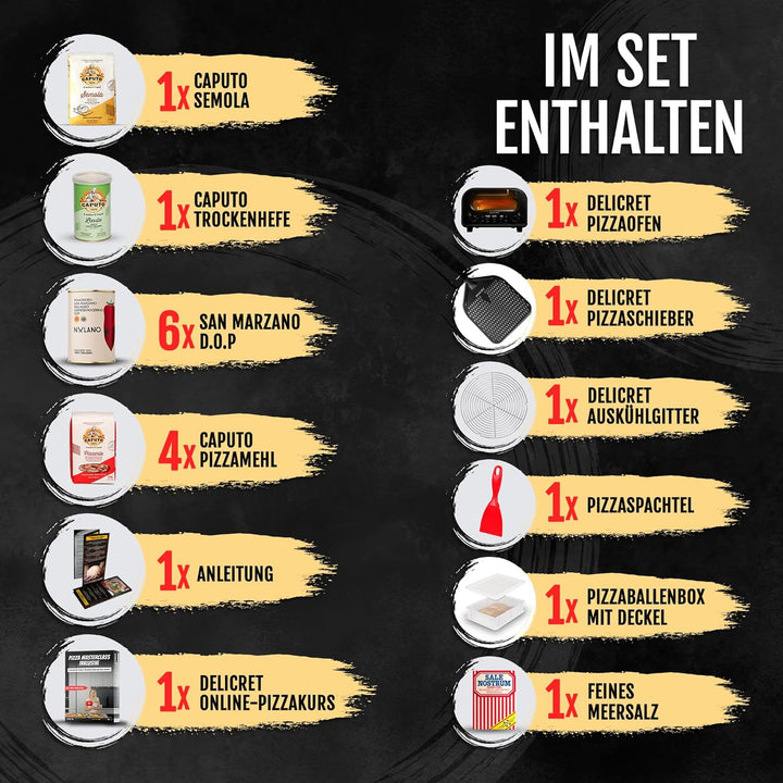 DELICRET elektrischer Pizzaofen 12” mit Pizzaschieber & Pizzateig Deluxe Kit mit San Marzano Tomaten