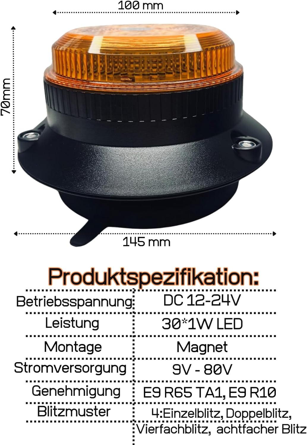 Rundumleuchte LED 4 Blitzmuster 9-80V ECE R65 R10 E9 Magnet für PKW LKW Traktor