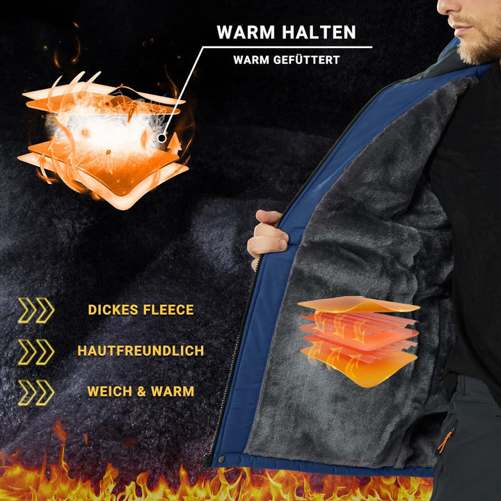 KEFITEVD Herren Skijacke Atmungsaktiv Warm Gefüttert Winterjacke mit Abnehmbarer Kapuze Snowboardjac