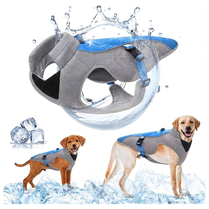Verbesserte Hundekühlweste mit Geschirr D-Snap, verstellbaren Gurten, Reflexstreifen - Sonnenschutz,