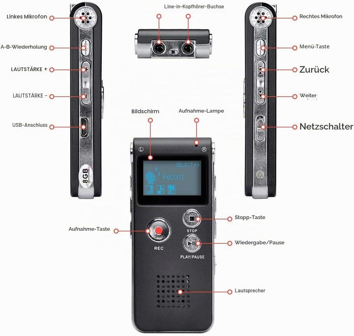 Lychee 8GB LCD Bildschirm Digitales Diktiergerät Aufnahmegerät Sprachaufnahme Audiorekorder Voice Re