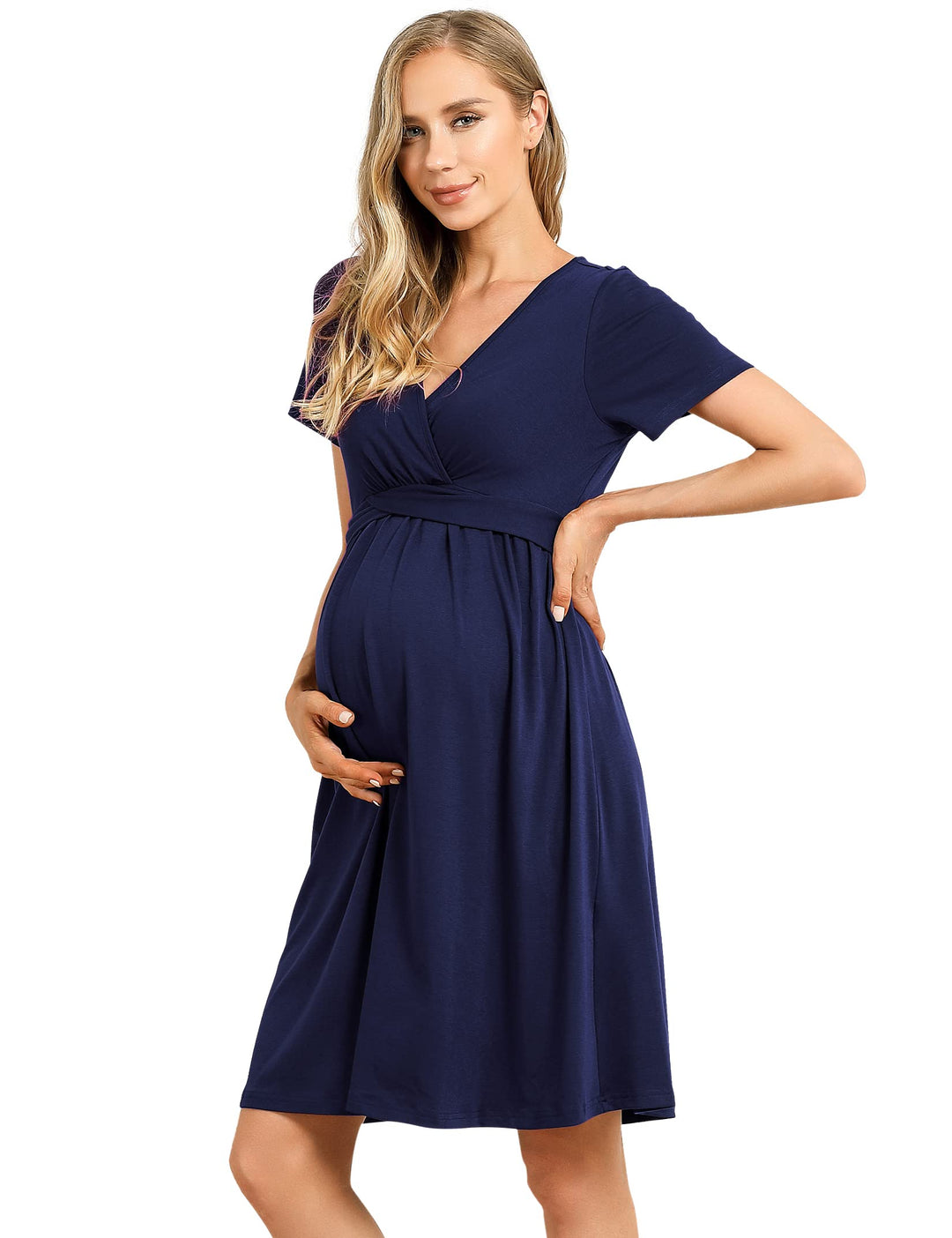 KOJOOIN Damen Umstandskleid V-Ausschnitt Stillkleid Casual Falten Schwangerschaftskleid(Verpackung M