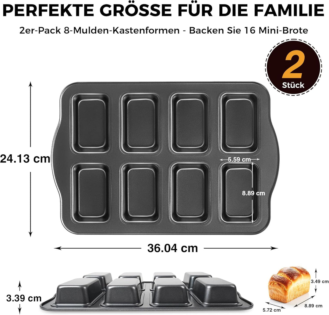 HONGBAKE 2er-Set Mini-Kastenform, 8-fach Antihaft Brotbackform (36x24cm) aus Karbonstahl, BPA-frei &