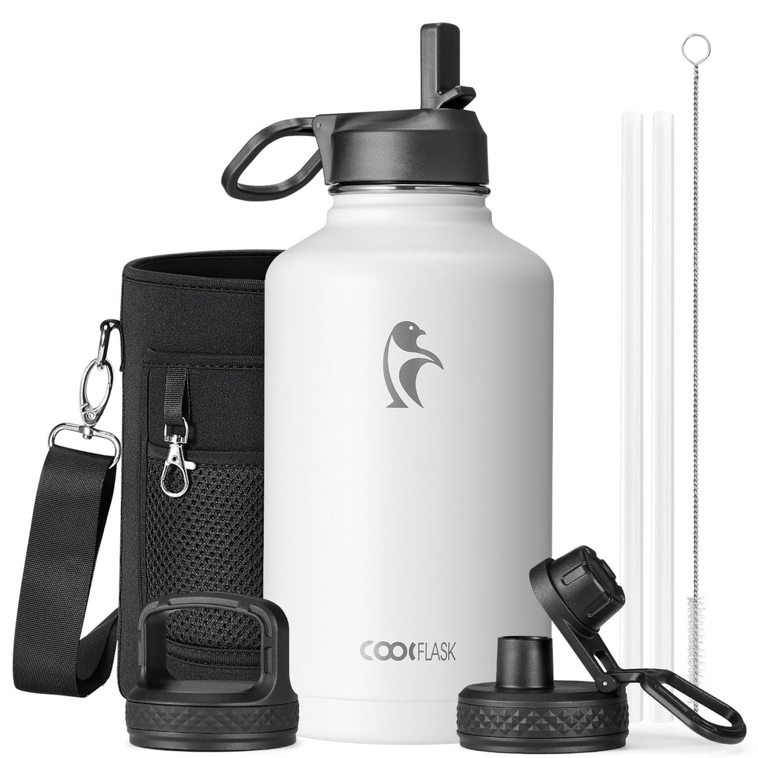 Coolflask Isolierte Wasserflasche mit Strohhalm und 3 Deckeln, 1,8 l Wasserkrug, grosser Metall-Edel