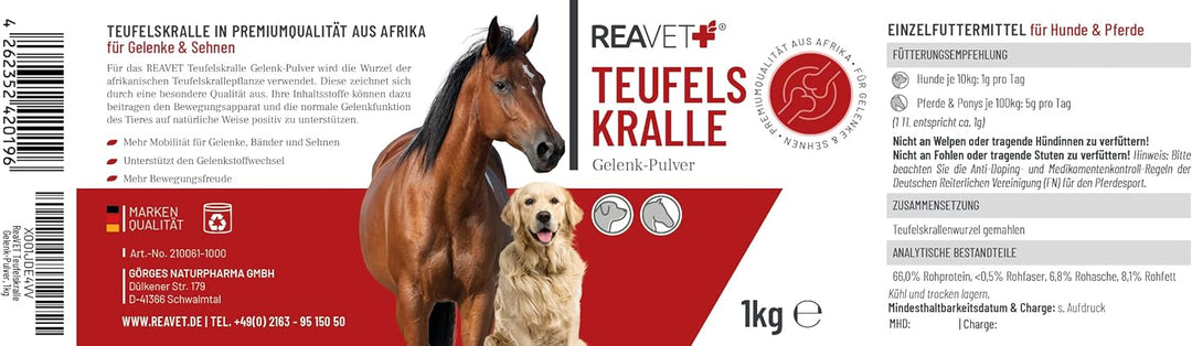 ReaVET Teufelskralle für Pferde 1kg - Teufelskrallenpulver, Teufelskrallenwurzel, Gelenkpulver, zur