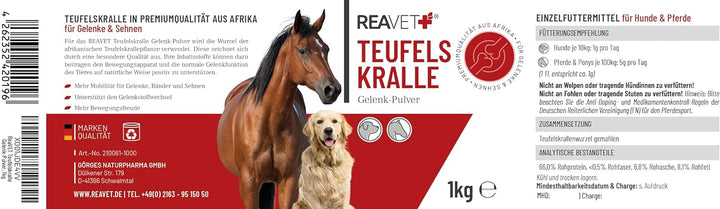 ReaVET Teufelskralle für Pferde 1kg - Teufelskrallenpulver, Teufelskrallenwurzel, Gelenkpulver, zur