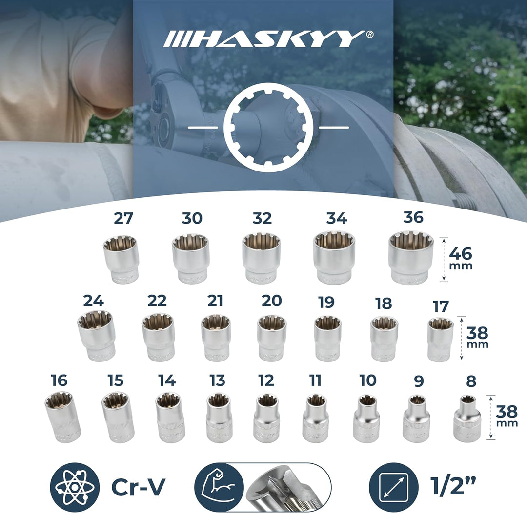 HASKYY Steckschlüssel Set Vielzahn XZN - 1/2" Steckschlüsselsatz 8-36mm 12-Kant & Gelenk-Maul-Ring R