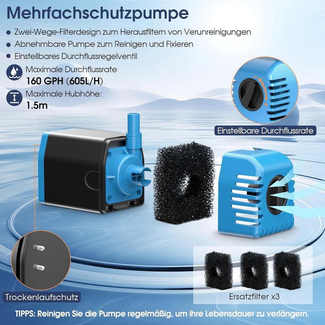 Biling Solar Springbrunnen für Aussen, 12W 605L/H Leise Teichpumpe Solar mit 4 Düsen und Schlauch, S