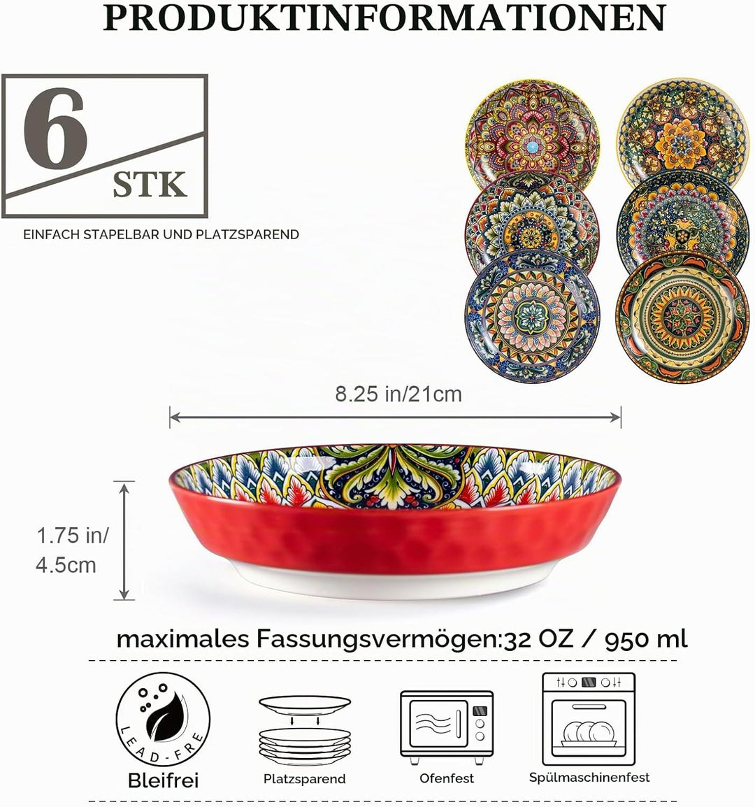 Henten Home Suppenteller Steingut, Suppenschalen 6er Set, Pastateller/Spaghetti Tiefteller/Nudelscha