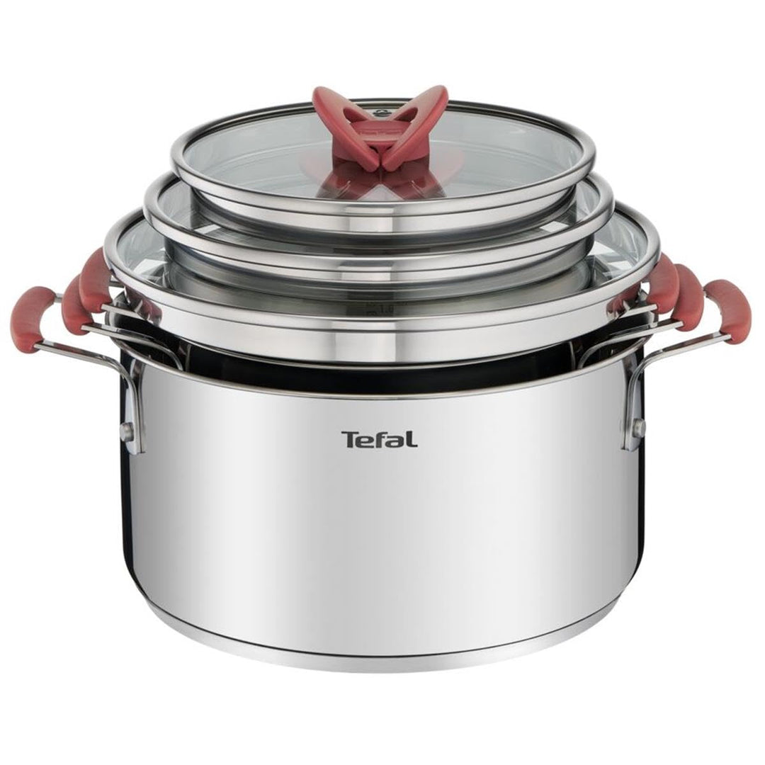 Tefal OptiSpace Set mit 3 Töpfen + 3 Deckeln, 18, 20 und 24 cm, Edelstahl, 3 flache Deckel, rutschfe