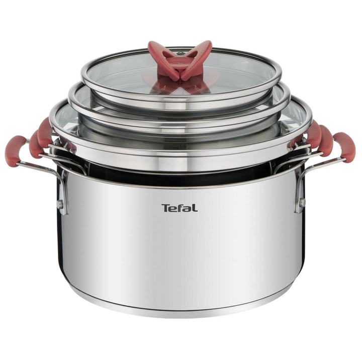 Tefal OptiSpace Set mit 3 Töpfen + 3 Deckeln, 18, 20 und 24 cm, Edelstahl, 3 flache Deckel, rutschfe