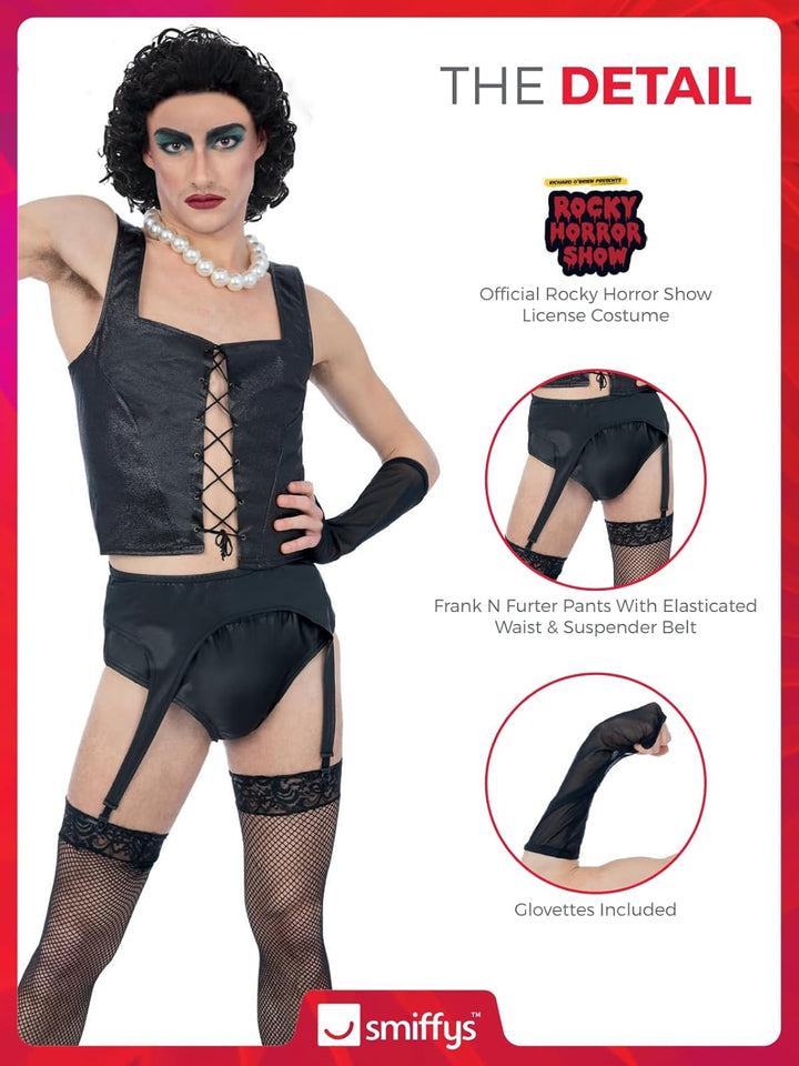 Smiffys Rocky Horror Show Frank N Furter Kostüm für Erwachsene, Korsett, Strapsgürtel, Hose, Handsch
