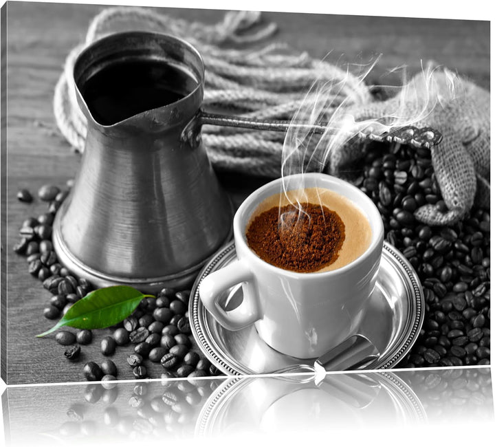 Dampfender Kaffe mit Kännchen schwarz/weiss Format: 100x70 auf Leinwand, XXL riesige Bilder fertig g