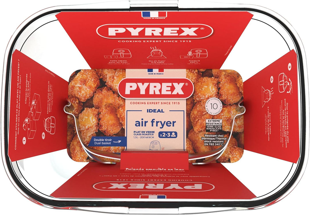 PYREX Ideal Air Fryer Glas-Backform 20 x 14 cm mit abnehmbarem Edelstahl-Clip-Griff für Dual-Korb-Lu