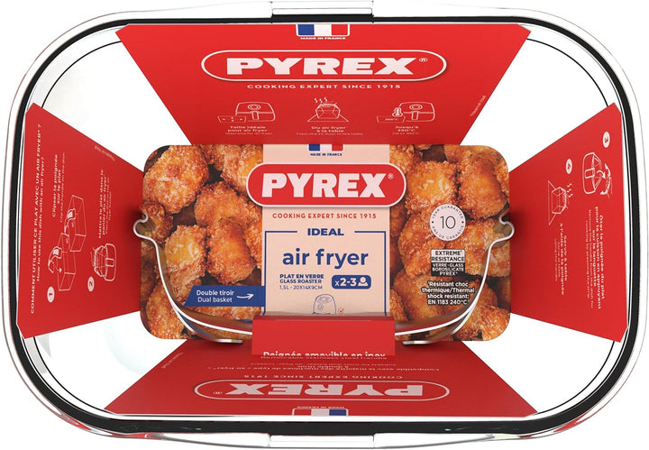 PYREX Ideal Air Fryer Glas-Backform 20 x 14 cm mit abnehmbarem Edelstahl-Clip-Griff für Dual-Korb-Lu