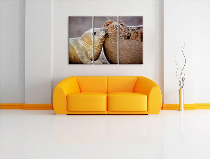 süsse Robben kuscheln3-Teiler Leinwandbild 120x80 Bild auf Leinwand, XXL riesige Bilder fertig gerah