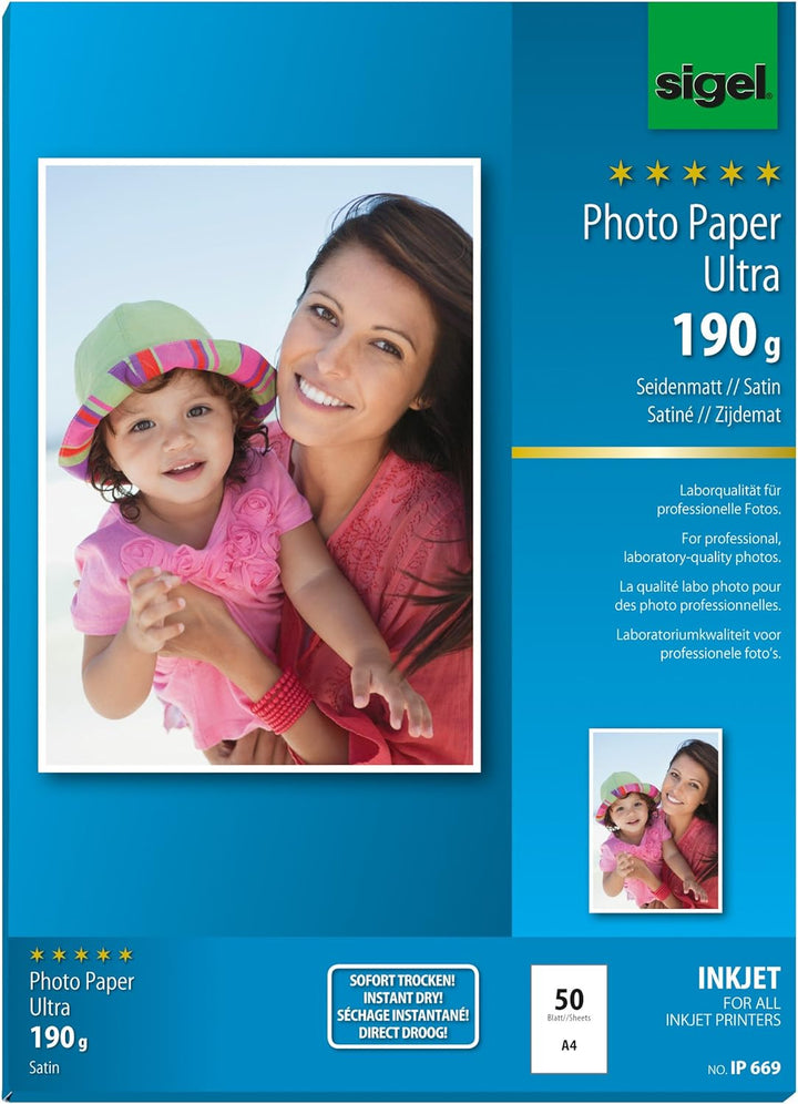 SIGEL IP669 InkJet Fotopapier Ultra, A4, 50 Blatt, seidenmatt, extrem lichtbeständig, 190 g, 50 Blat
