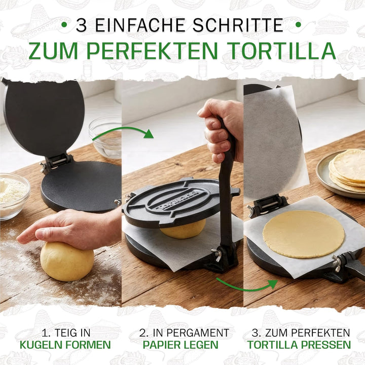 Tortillada - Tortilla Presse/Quesadilla, Roti Maker aus Gusseisen mit Rezepten (20cm) inkl. E-Book m