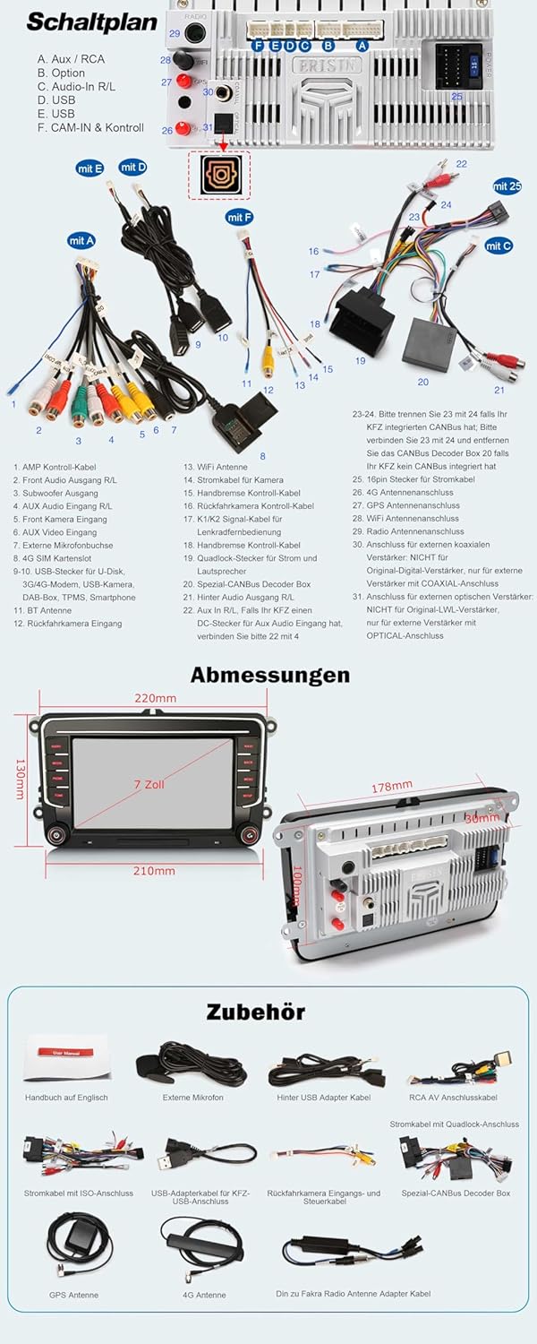 Erisin 7 Zoll 8-Kern 8GB+128GB Android 14 Autoradio Bluetooth GPS Navi für VW Golf 5 Golf 6 Passat B