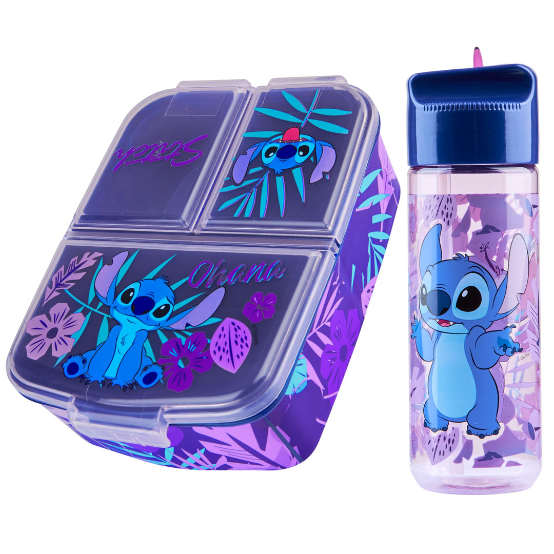 Disney Stitch Kinder Lunchbox mit Fächern und Wasserflasche für Schule und Ausflüge (Blau/Lila)