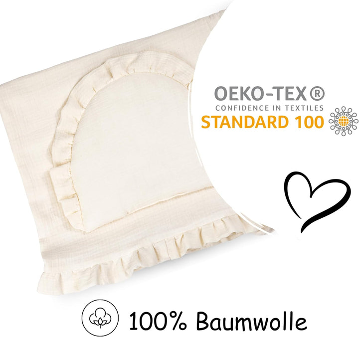 PinkZebra GOTS Musselin-Bettwäsche mit Rüschen für Babys, Set Babybettwäsche: weiches Flachkissen +