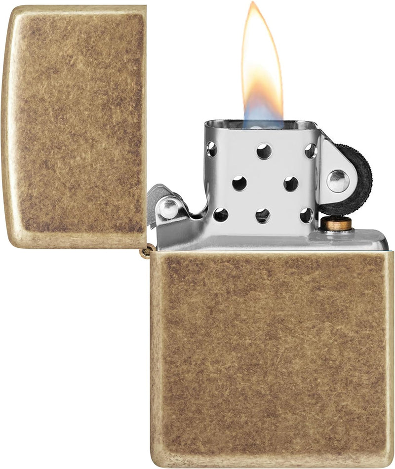 ZIPPO - Antique Brass - nachfüllbares Sturmfeuerzeug in hochwertiger Geschenkbox (Gold, Flammenmotiv