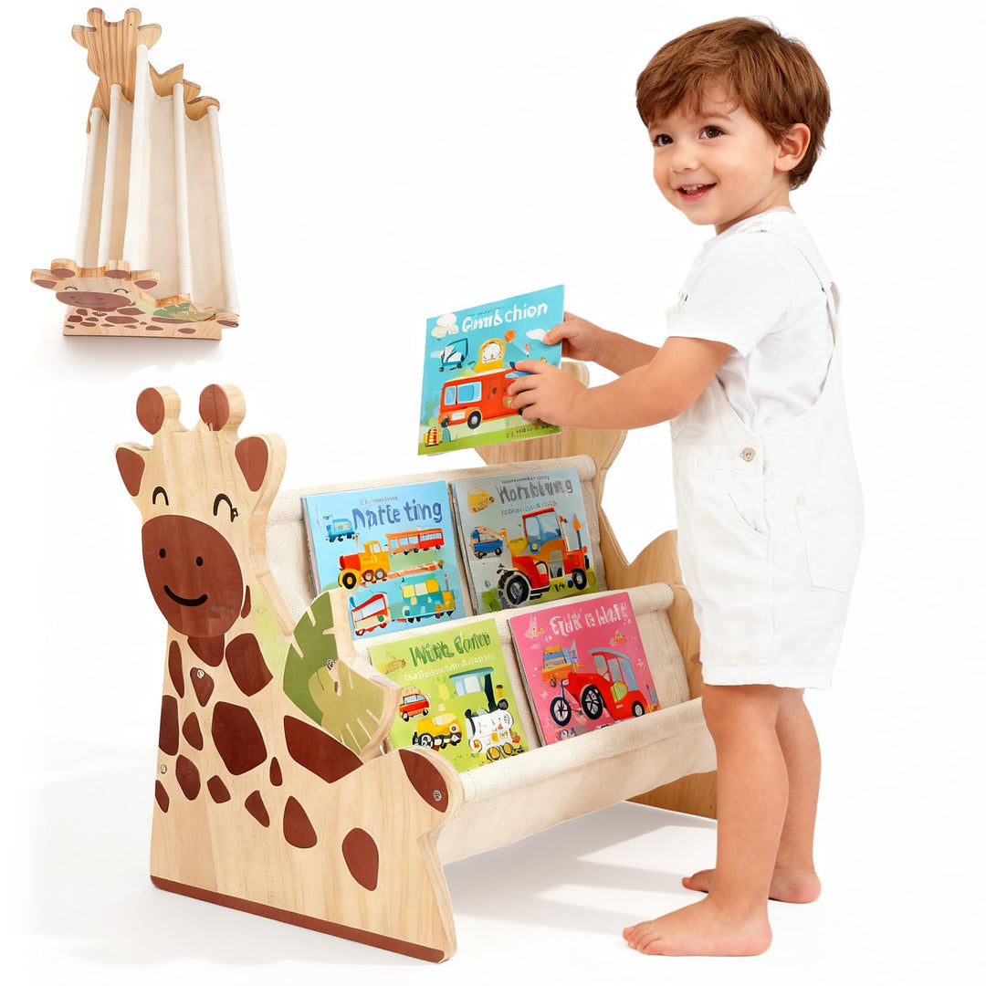 Bücherregal Kinder, Montessori Kinder Buchständer aus Holz mit 4 Ablagen, Kinderregal für Buchaufbew