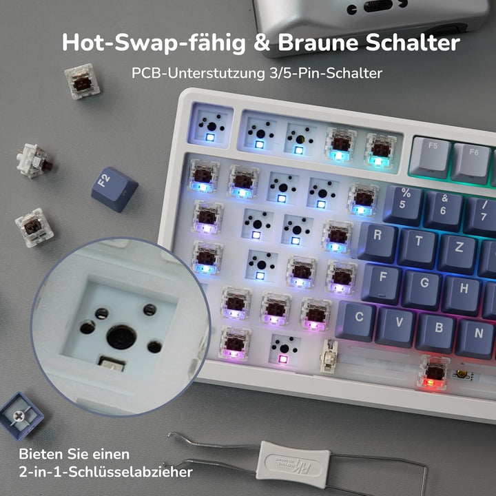 RK ROYAL KLUDGE M75 Gaming Tastatur kabellos 75% TKL Mechanische Tastatur RGB 2,4 GHz Wireless/Bluet