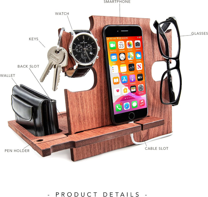 Personalisierte Dockingstation, Smartphone-Ständer - Nachttischhalter aus Holz, Geschenkidee für Män