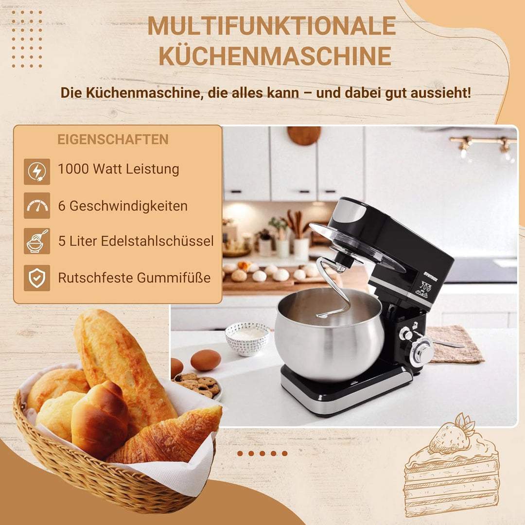 Syntrox Germany Küchenmaschine & Knetmaschine Basic 5 Liter, Stabile rutschfeste Gummifüsse, Hochwer
