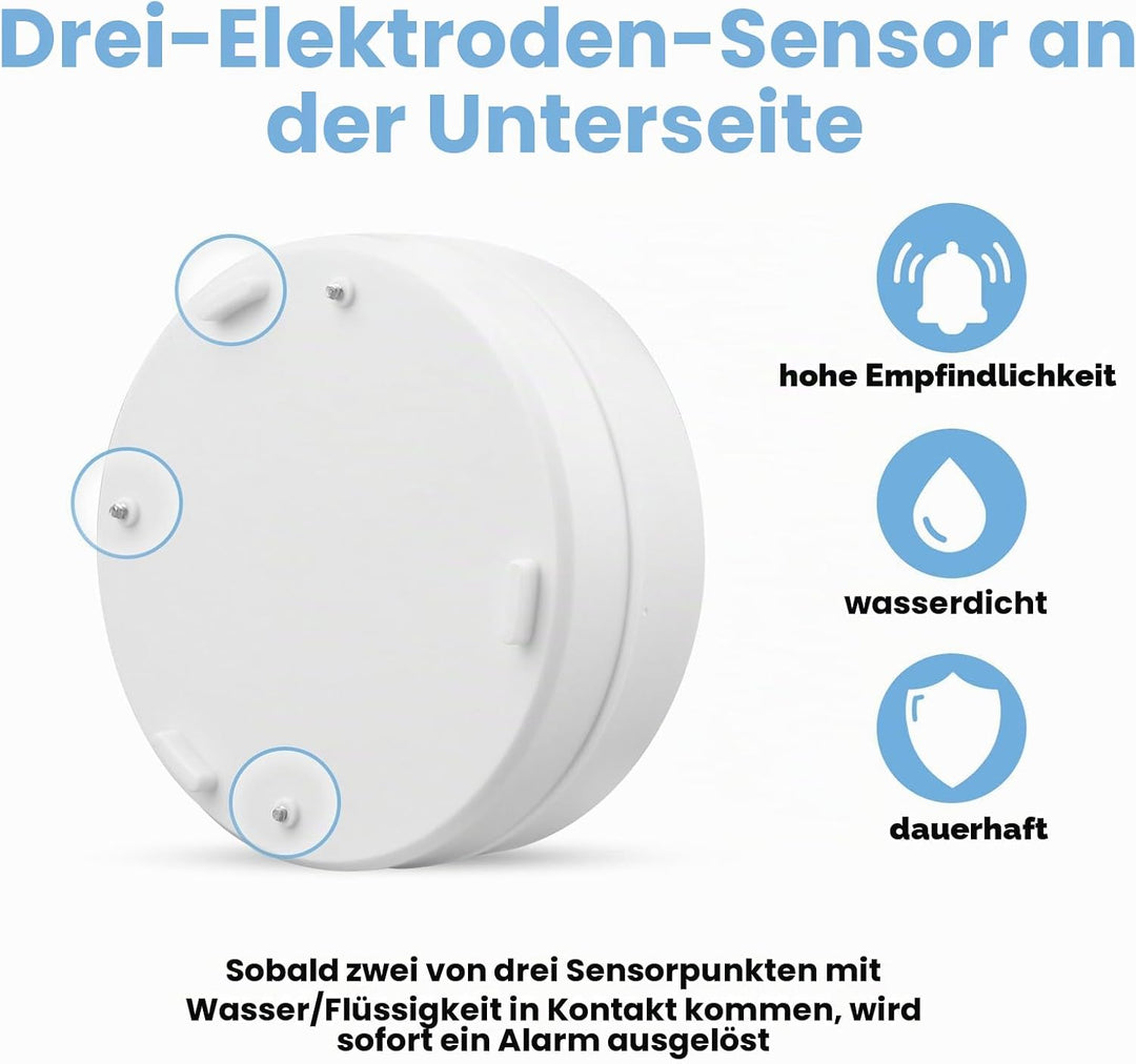 Wassermelder Wasseralarm Leck und Tropfen Alarm 90dB, 3 Stück Sirene Kabelloser Sensor Wasserstand,