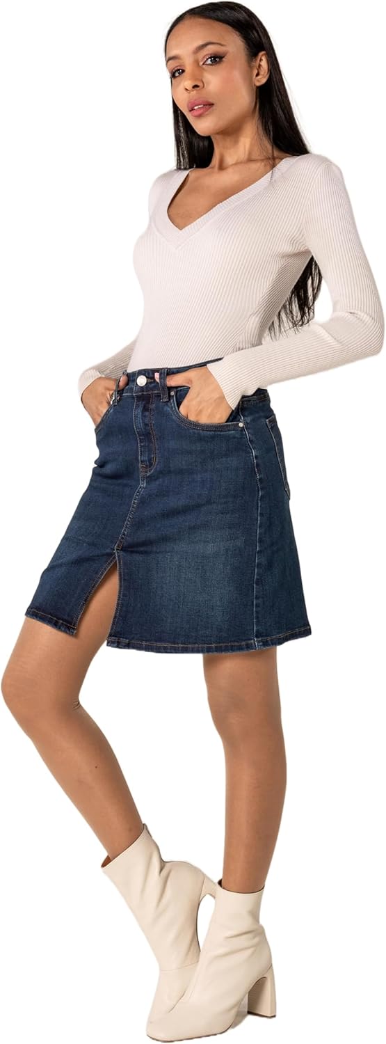 Nina Carter P213 Damen Kurzer Jeansrock mit Vorderem Schlitz Reissverschluss Stretch Used-Look Dunke