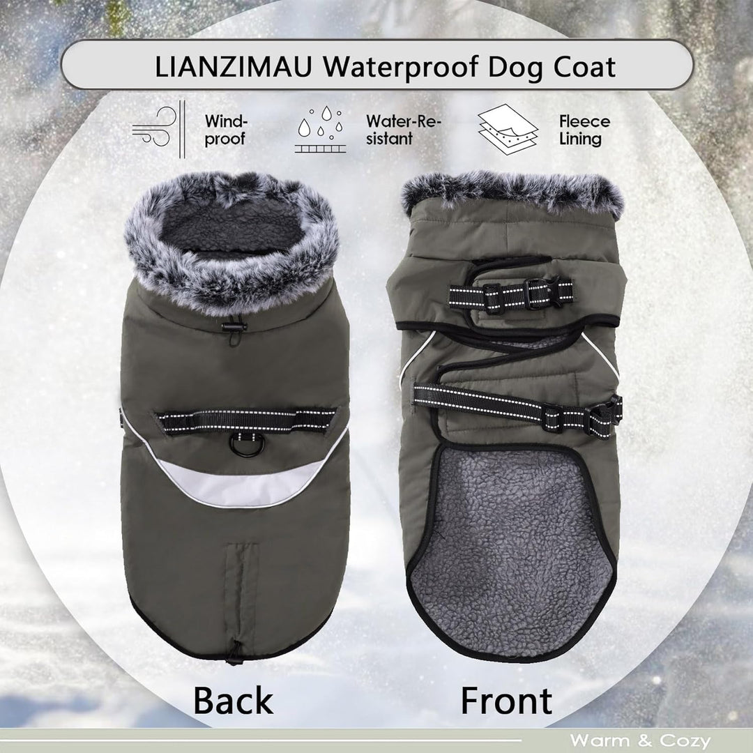 LIANZIMAU Wasserdichter Hundemantel mit Geschirr Wintermantel Hundepullover Fleece Reflektierende Hu