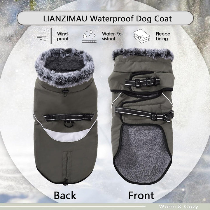 LIANZIMAU Wasserdichter Hundemantel mit Geschirr Wintermantel Hundepullover Fleece Reflektierende Hu