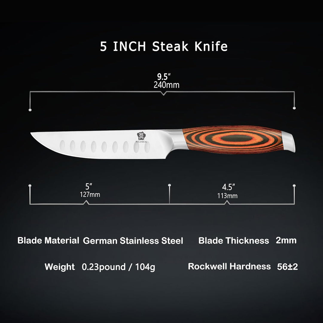 WILDMOK 4-teilig Steakmesserset 12,8cm Klinge aus Deutschem Stahl, Ergonomischer Griff Steakhouse Me