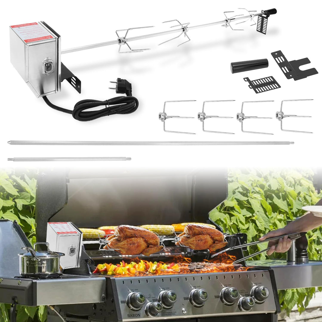 Grillspiess Set, Edelstahl Rotisserie mit 4X Fleischnadeln BBQ Fleischklammer, Griffstück, Motor Ele