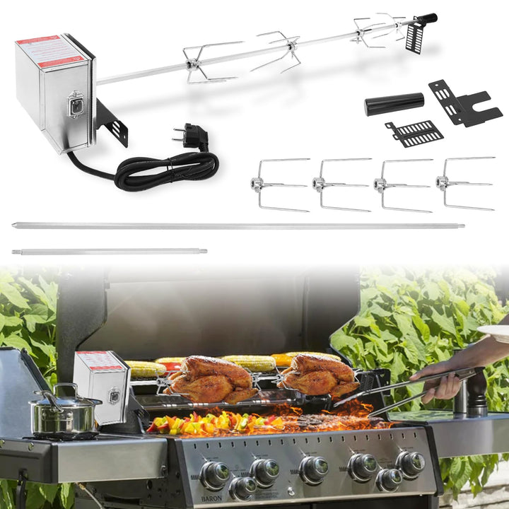 Grillspiess Set, Edelstahl Rotisserie mit 4X Fleischnadeln BBQ Fleischklammer, Griffstück, Motor Ele
