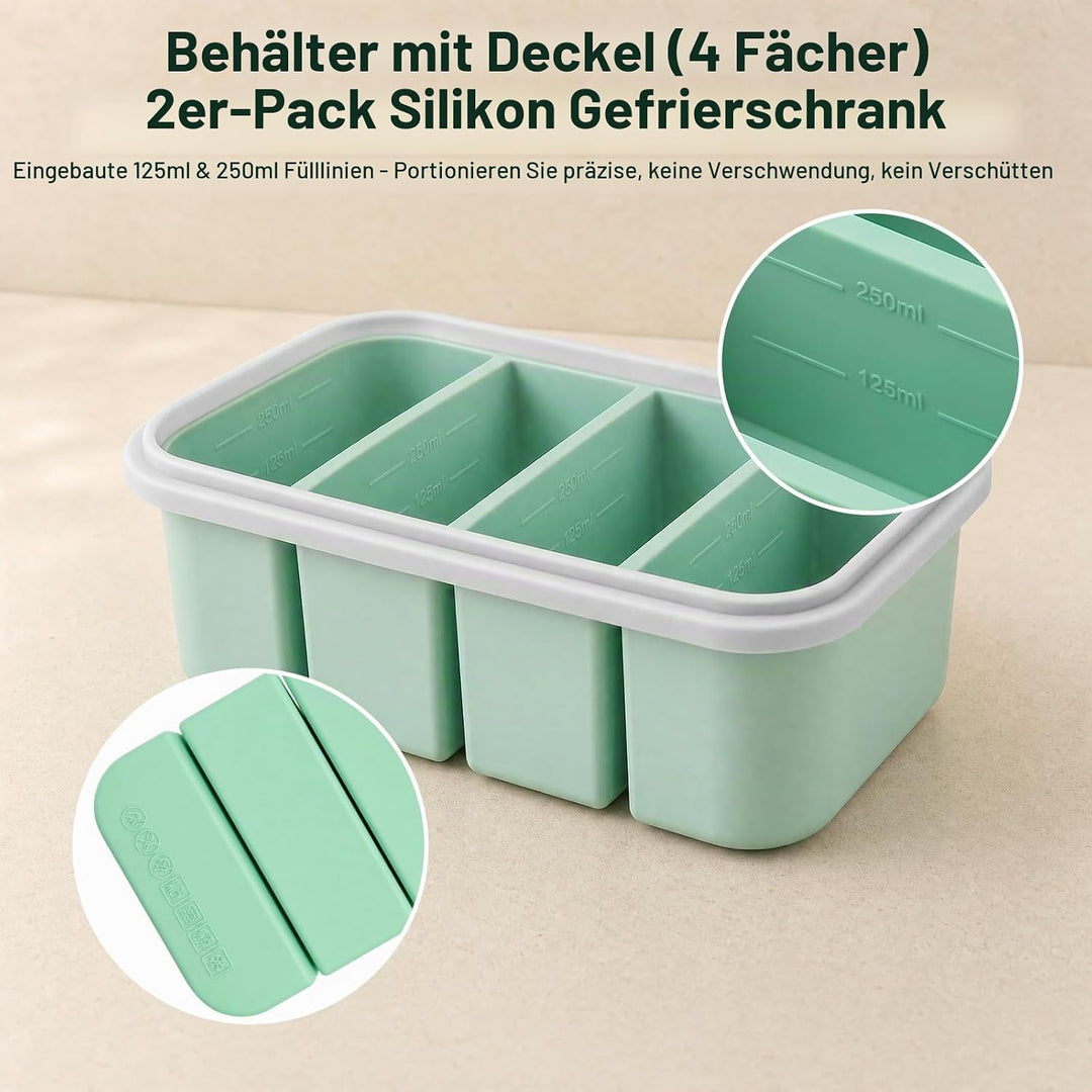 2 Stück Suppen Einfrieren Behälter, 4 Fach Silikon Gefrierform mit Deckel &amp; Clipverschluss, Eiswürfe