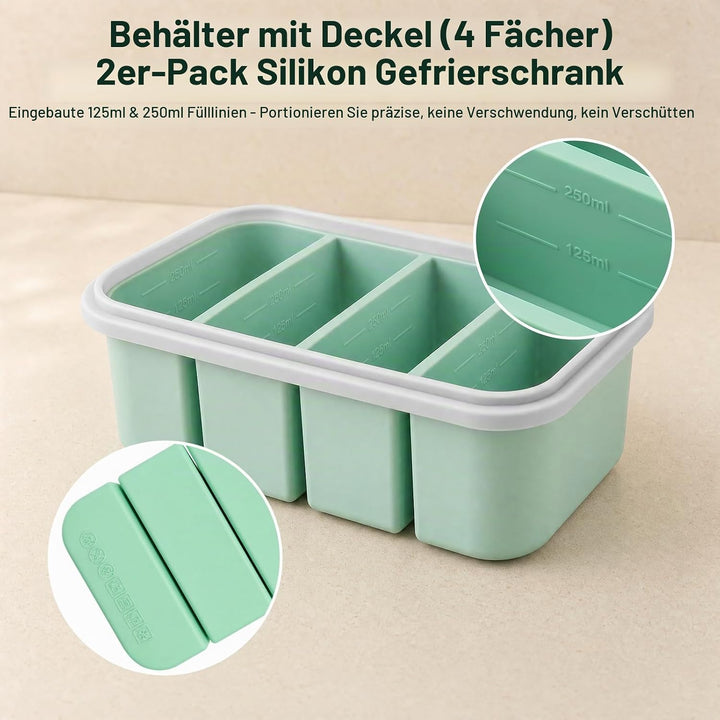 2 Stück Suppen Einfrieren Behälter, 4 Fach Silikon Gefrierform mit Deckel &amp; Clipverschluss, Eiswürfe